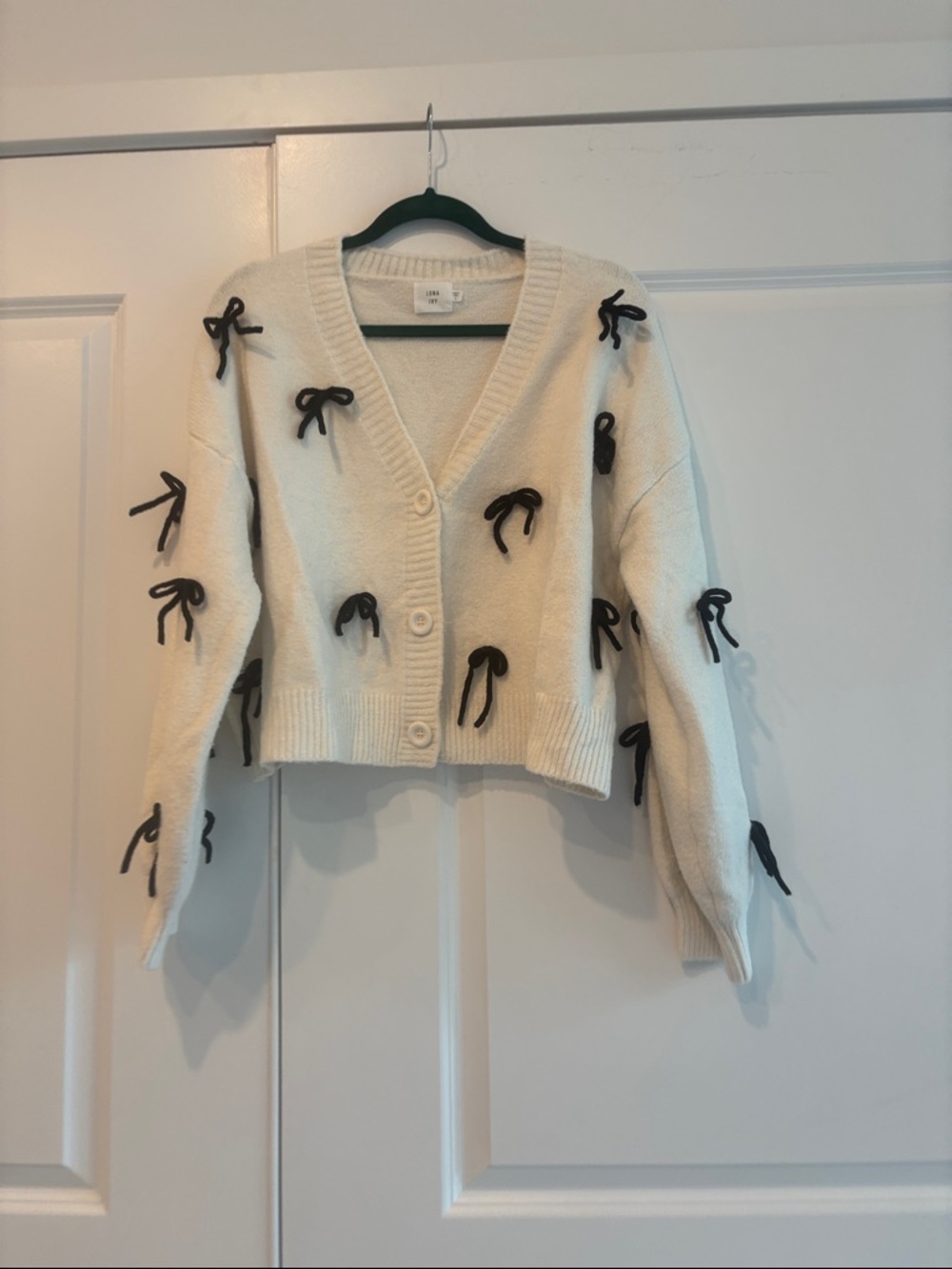 Cream Button-Front Bow Embellished Cardigan Sweater